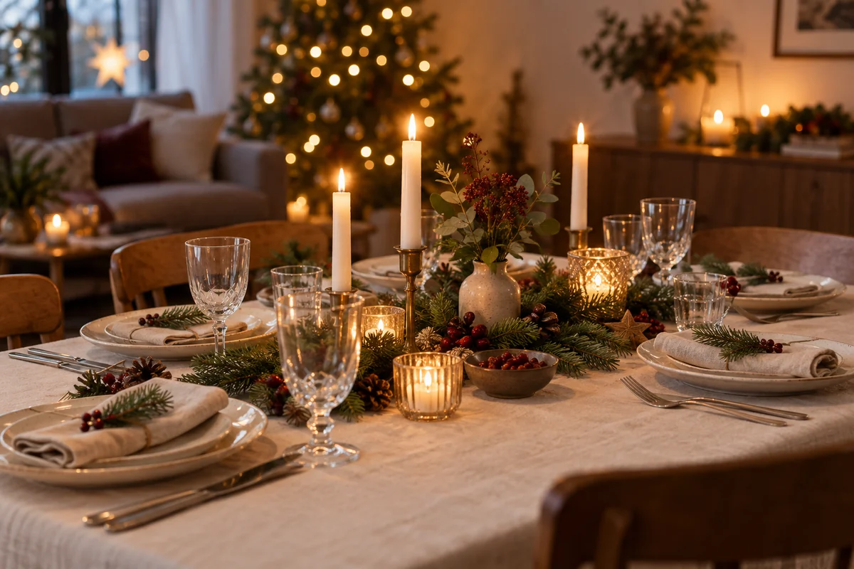 Festlich gedeckter Tisch mit Tannenzweigen, Kerzen, hellen Tellern und einem beleuchteten Weihnachtsbaum im Hintergrund.
