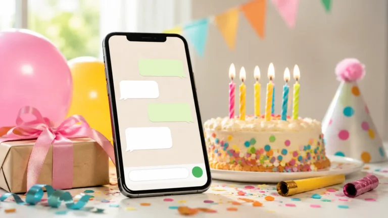 Smartphone mit leeren Chatblasen neben Geburtstagstorte, Geschenk, Luftballons und Konfetti