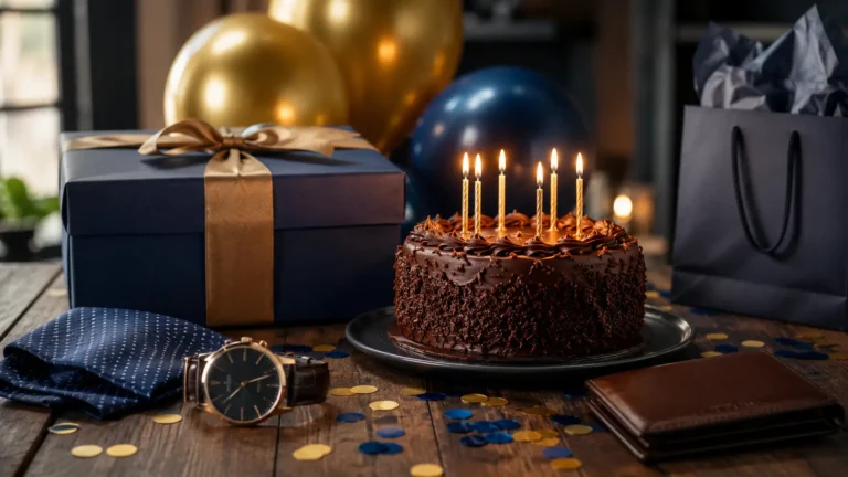Schokoladentorte mit brennenden Kerzen, Geschenk, Luftballons und Herrenaccessoires auf einem festlich gedeckten Tisch