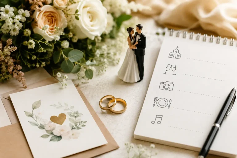 Eheringe, Brautpaarfigur, Blumenstrauß, Einladungskarte und Ablaufplan als Symbol für eine Hochzeit