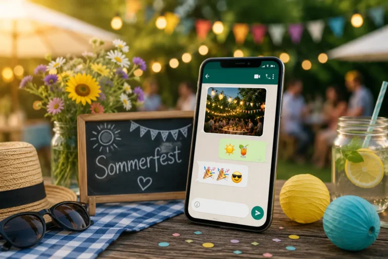 Smartphone mit digitaler Sommerfest-Einladung vor einer festlich dekorierten Gartenparty