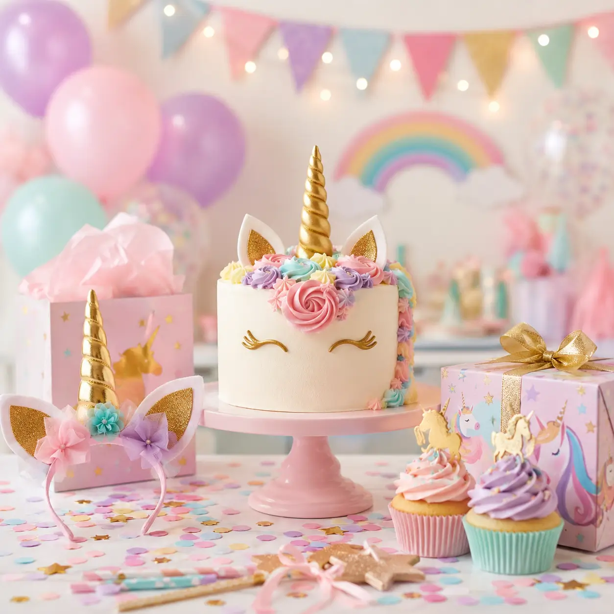 Einhorngeburtstag mit pastellfarbener Torte, Luftballons und Geschenken