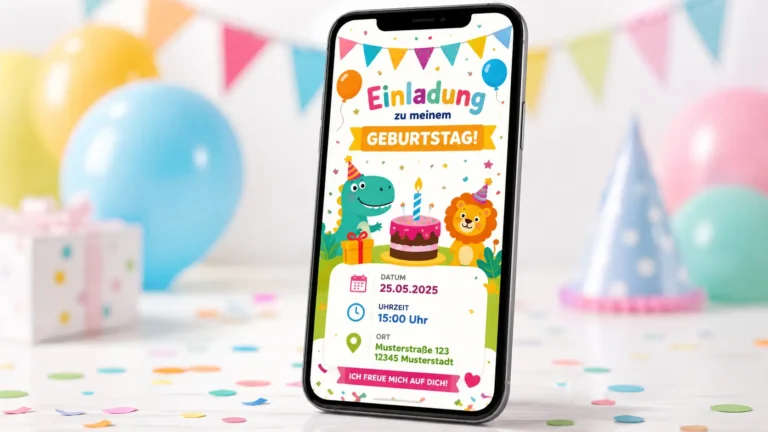 Smartphone mit bunter digitaler Einladung zu einem Kindergeburtstag, umgeben von Luftballons, Konfetti und Partydekoration.