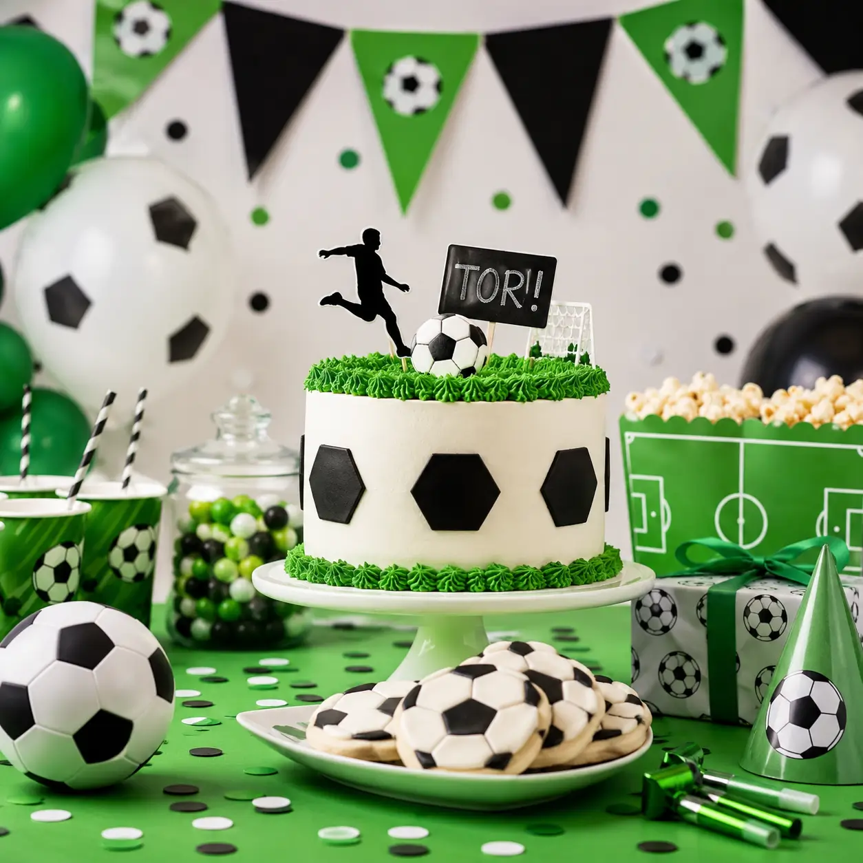 Fußballgeburtstag mit Fußballtorte, grüner Dekoration und Gebäck