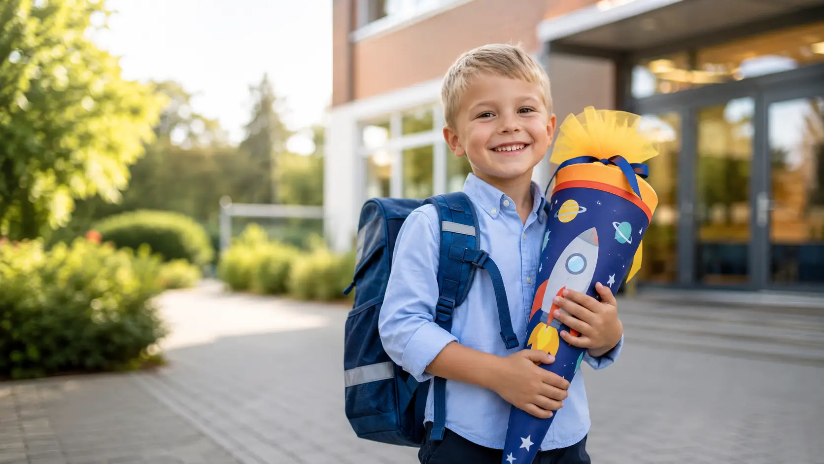 Junge mit Weltraum-Schultüte vor der Schule