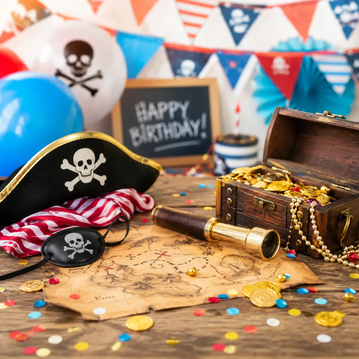 Piratenparty mit Schatztruhe, Schatzkarte und Piratendekoration